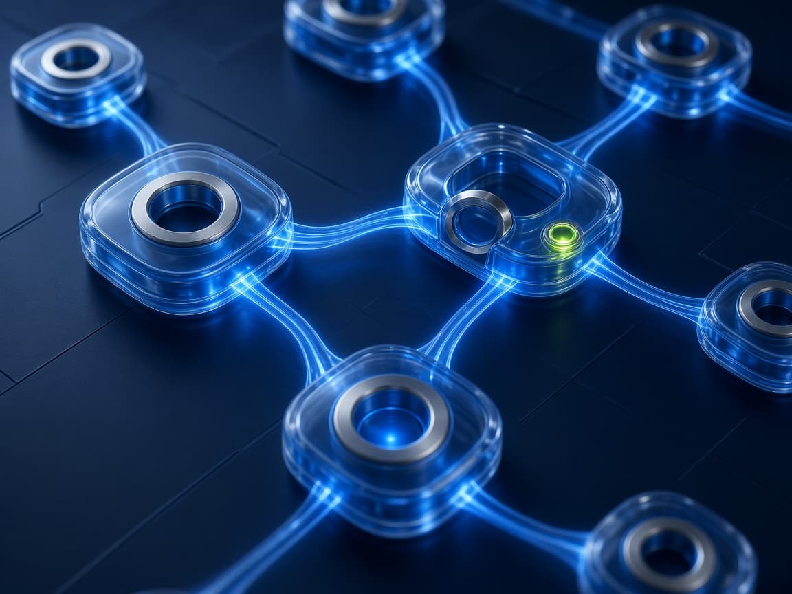 Close view of translucent modules joined by blue light paths.