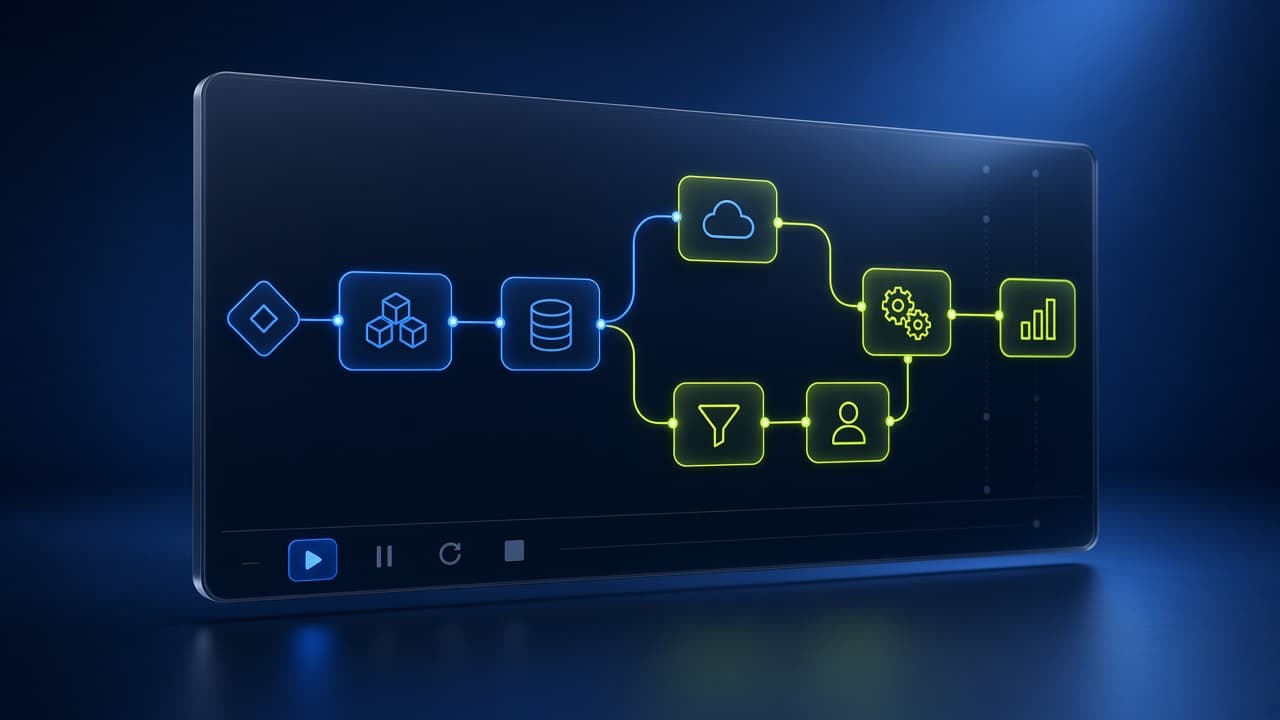Glass interface showing a connected workflow of blue and lime nodes.