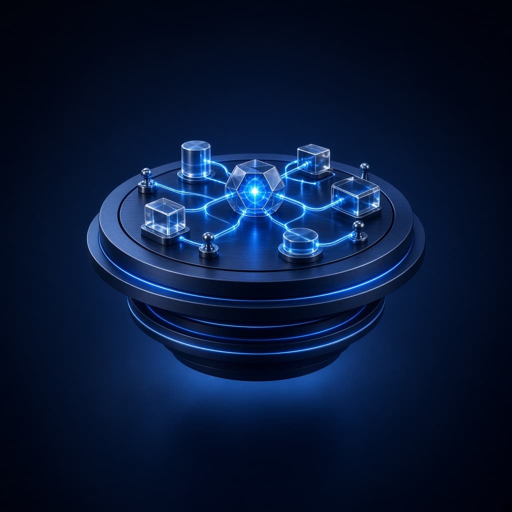Abstract metal platform with glass modules linked by electric blue light, representing connected workflows.