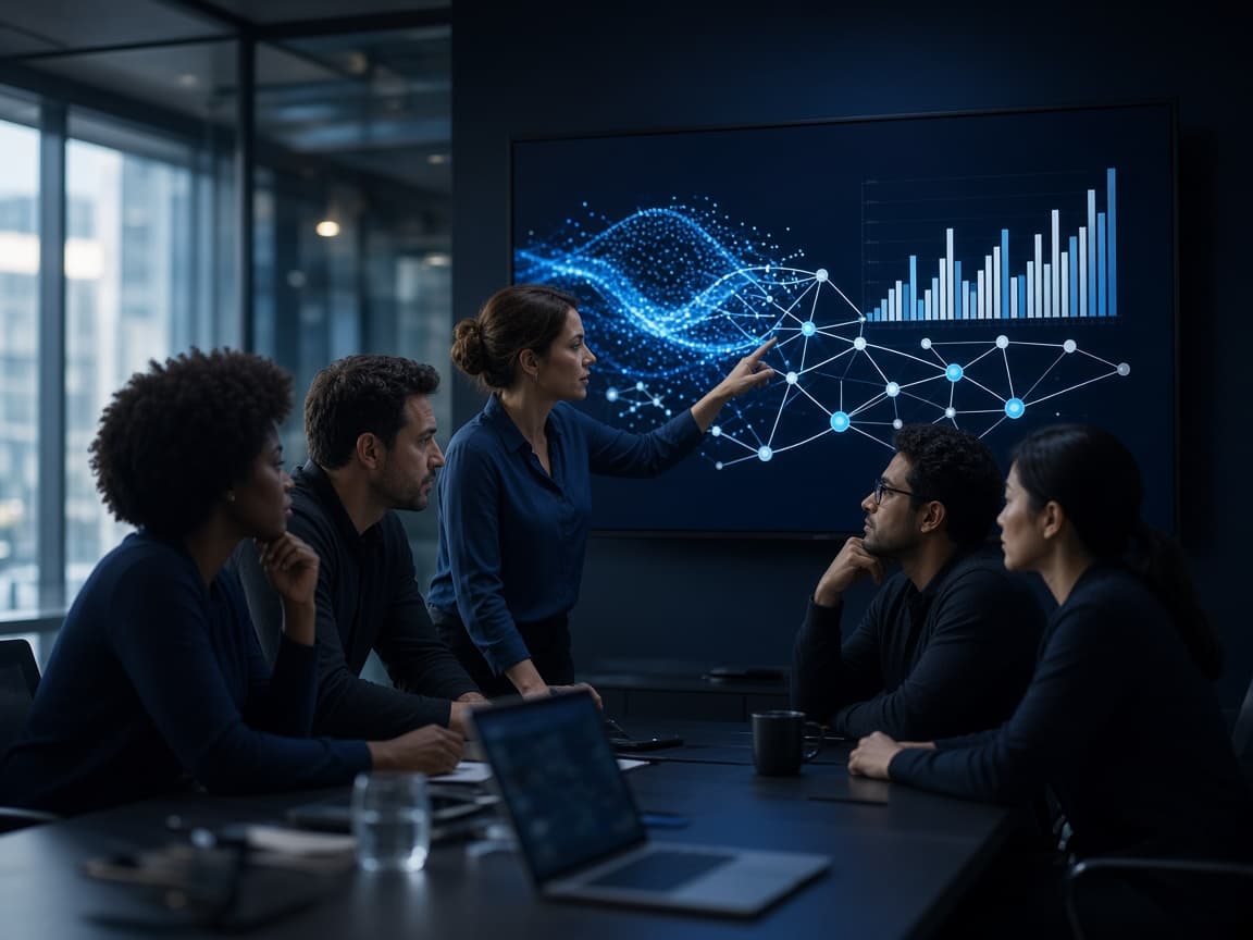 Operations team reviewing a connected process diagram on a large screen.
